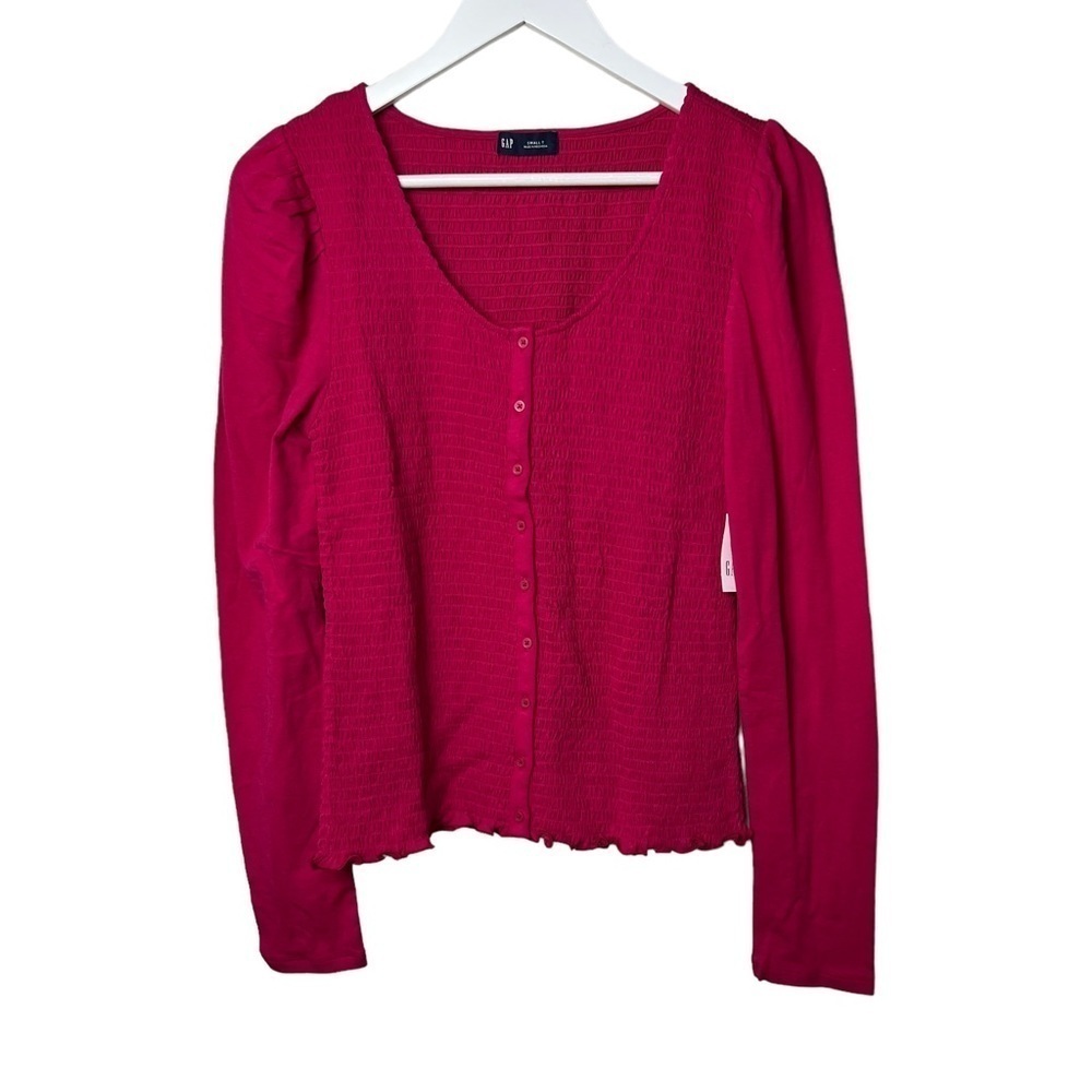 GAP Women Button Front Top Sz S Tall Hot Pink Smocked Button DownLong Sleeve NWT